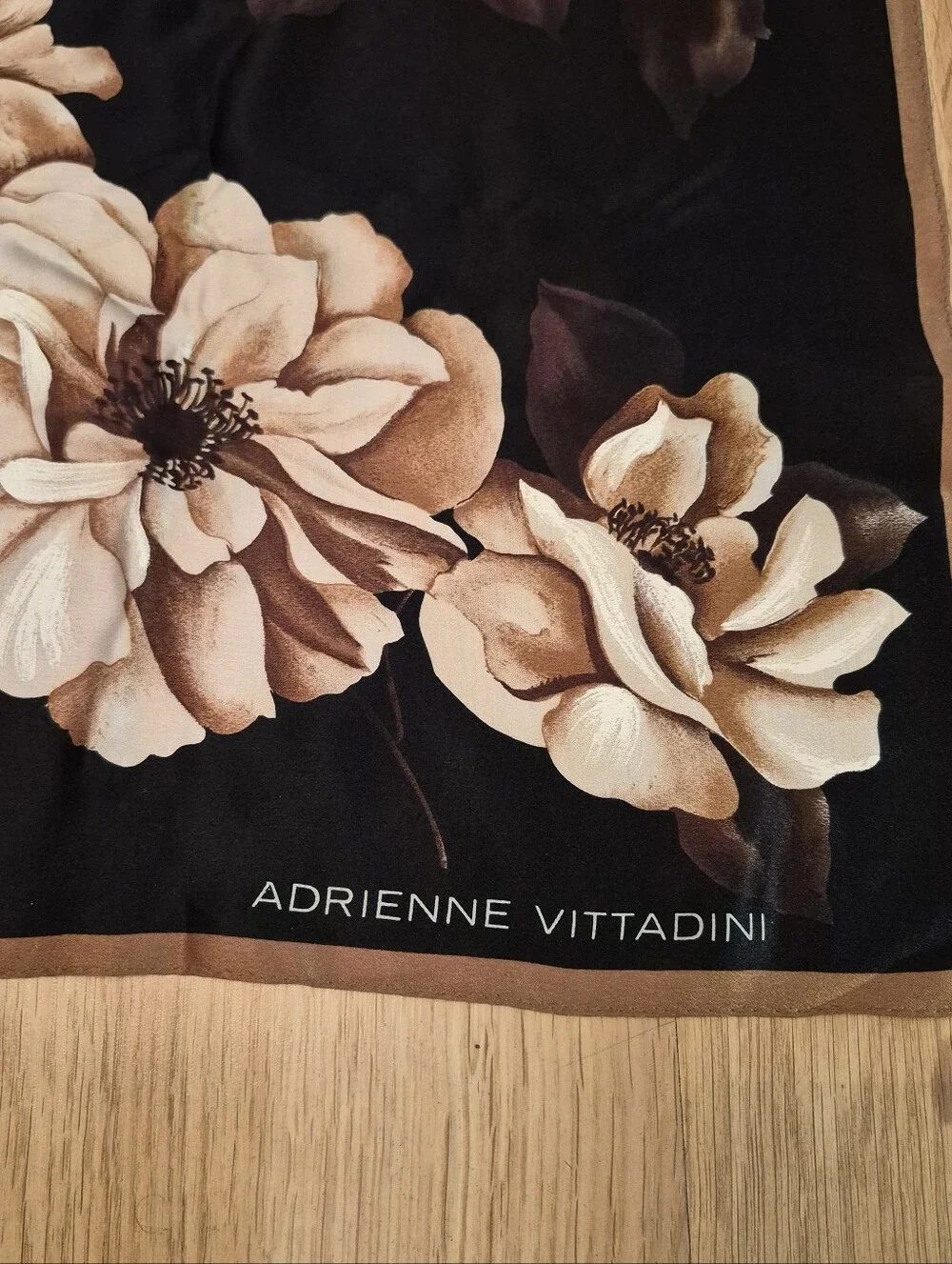 Vintage Adrienne Vittadini 100% Silk Floral Square Scarf Black Brown